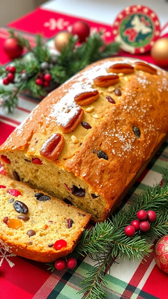 A golden-brown Christmas loaf with dried fruits and nuts on a festive table.